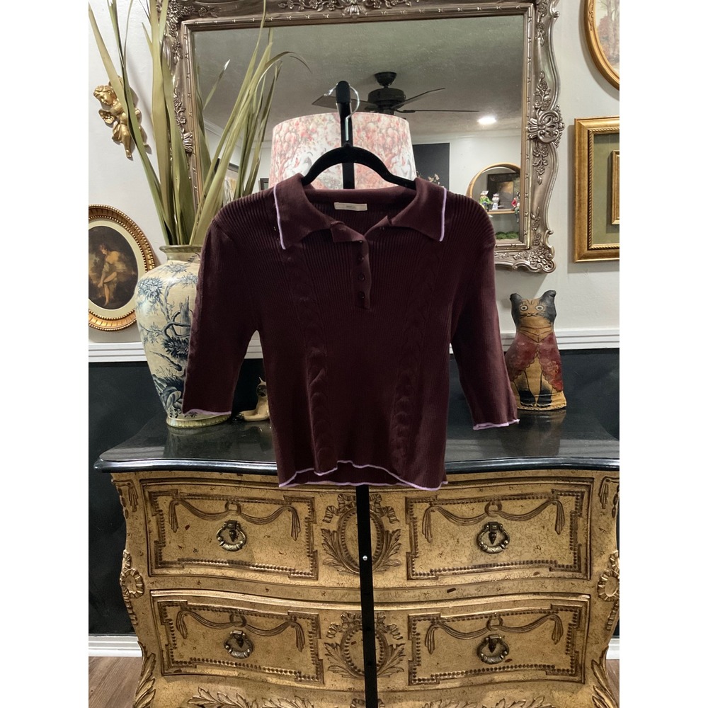 Sessun Jodi Ribbed Polo Top Burgundy Brown Lilac Trim Organic Cotton Size S
